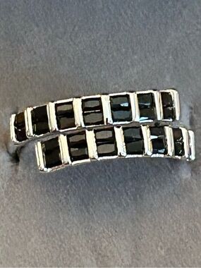 Bomb Party Black Onyx Rectangular Stones in Rhodium over Silver Bypass Ring 7